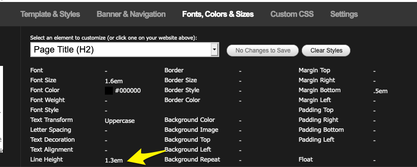 Line Height setting in the Fonts, Color and Sizes tab in Style Mode